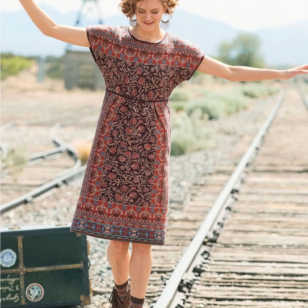 Peruvian Connection Woven Jacquard Cotton  Red and Blue Patterned Midi Dress